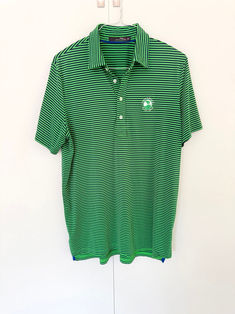 RLX RALPH LAUREN Men's Pebble Beach Logo Striped Performance Polo Green Navy